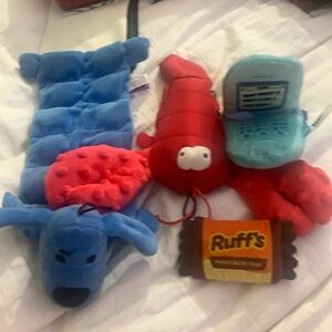 4 piece bundle of pet toys and squeakers. Blue, red, teal, orange & yellow.